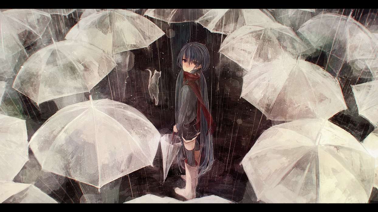 Anime, Girls, Rain