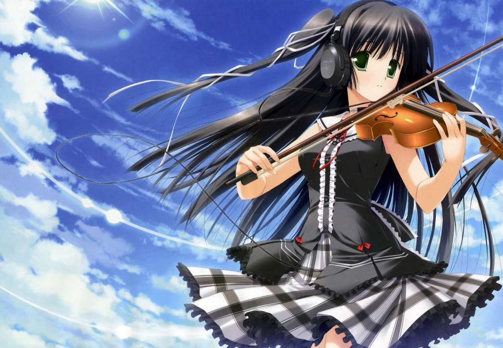 Anime, Girls, Tools, Violins, Music, Headphones, Sky