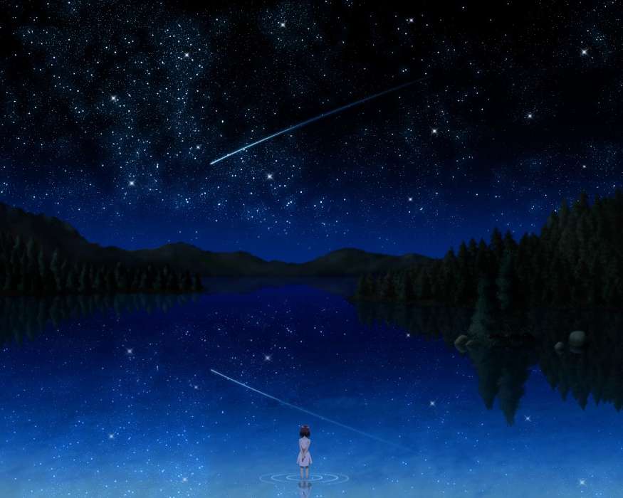 Anime, Girls, Night, Lakes, Landscape, Stars