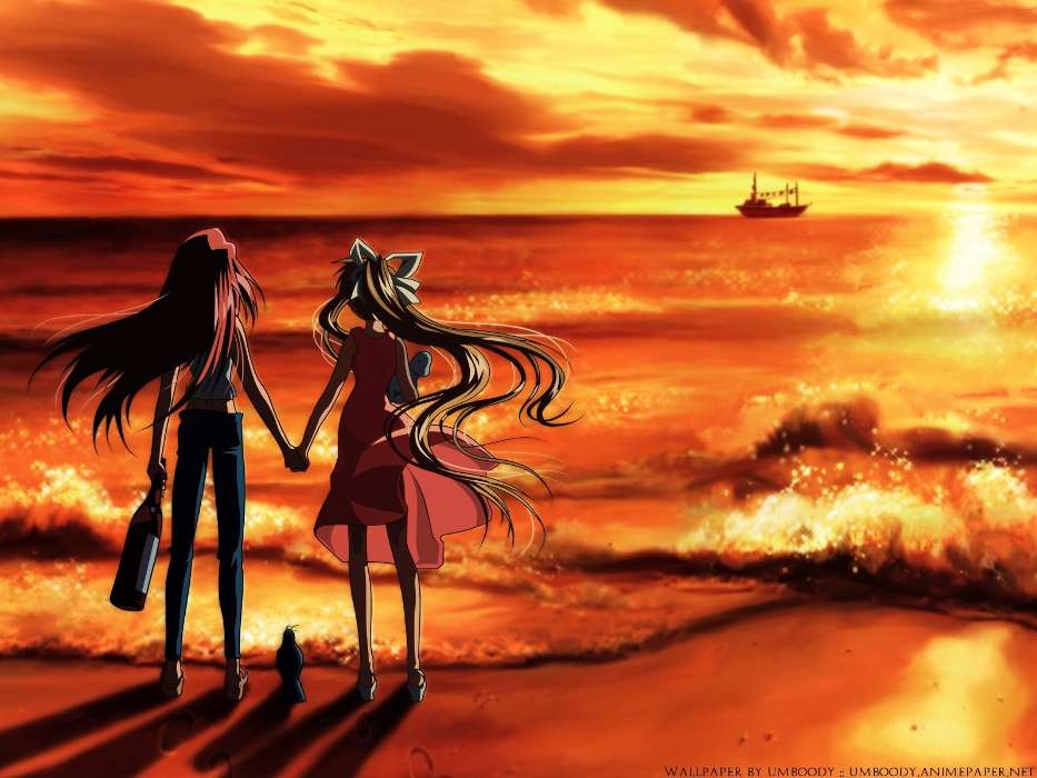 Anime, Water, Sunset, Sea