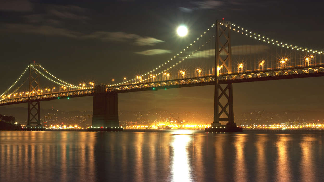 Architecture, Cities, Moon, Bridges, Night, Nature, Rivers, Water