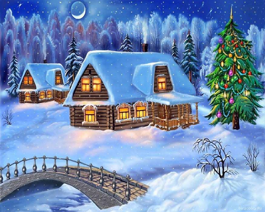 Landscape, Winter, Houses, Bridges, Night, Snow, Drawings