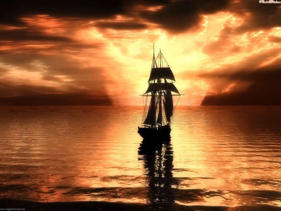 Landscape, Water, Sunset, Sky, Art, Ships, Sea
