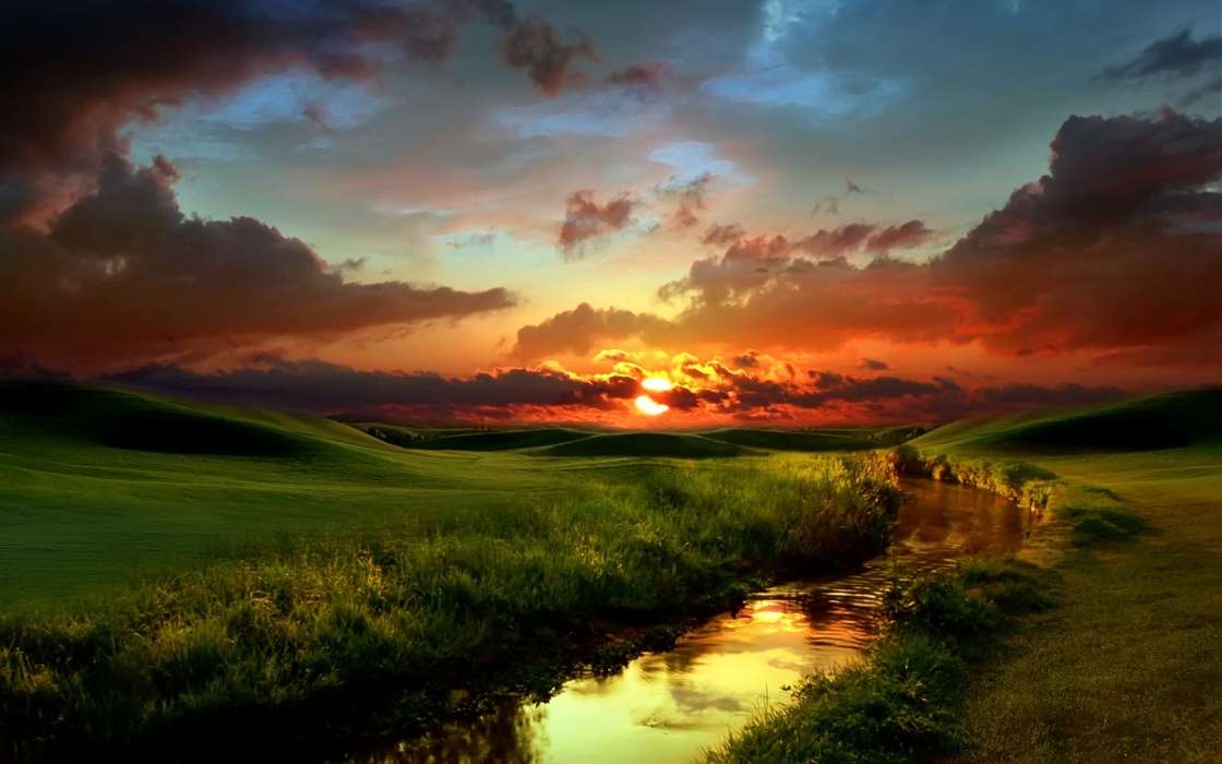 Landscape, Rivers, Sunset, Grass, Sky, Art photo, Clouds