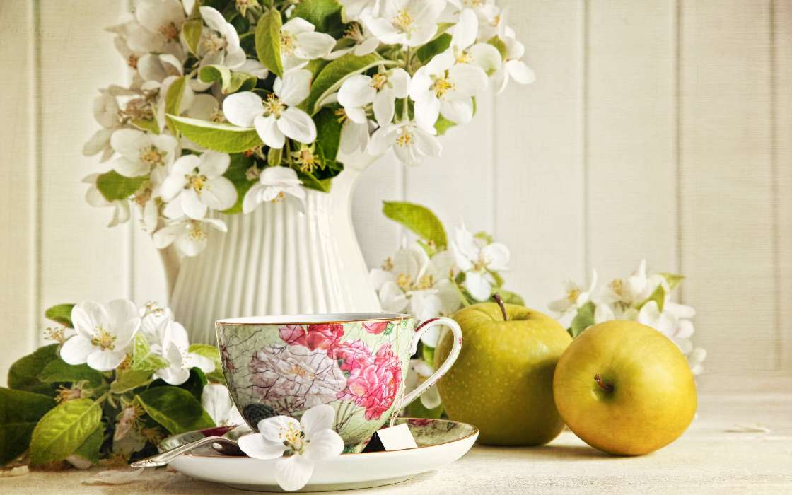 Cups, Apples, Bouquets, Flowers, Still life, Objects