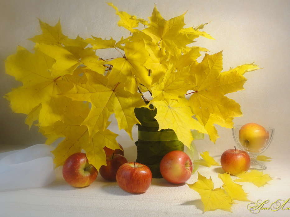 Apples, Food, Leaves, Still life, Objects