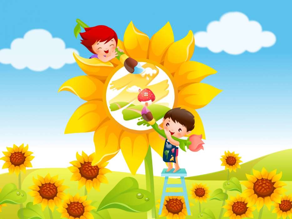 Flowers, Children, Sunflowers, Pictures