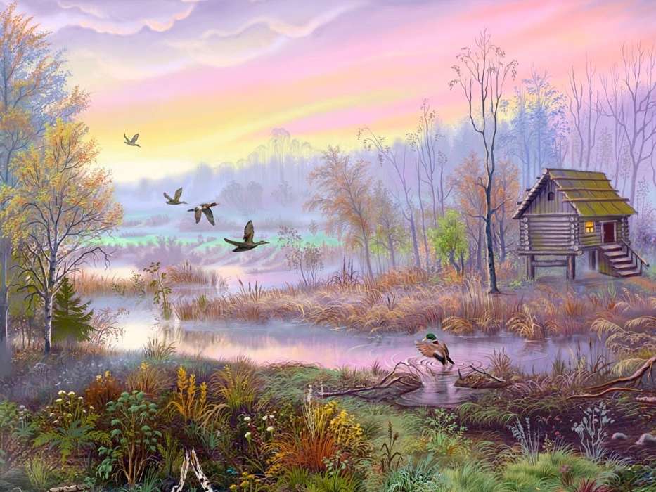 Trees, Houses, Landscape, Birds, Rivers, Pictures, Ducks