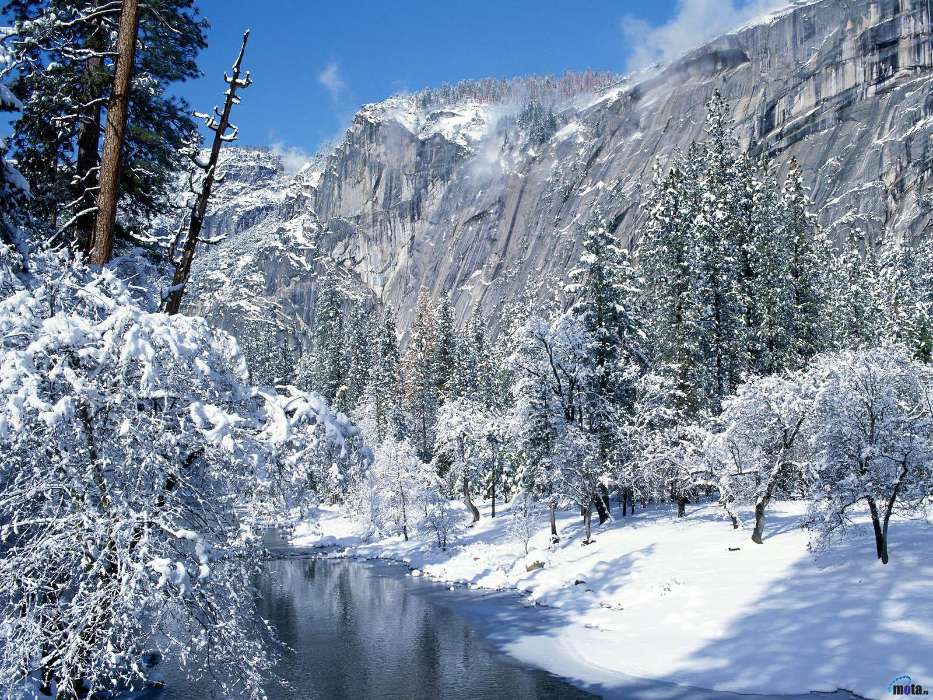 Landscape, Winter, Rivers, Trees, Mountains, Snow