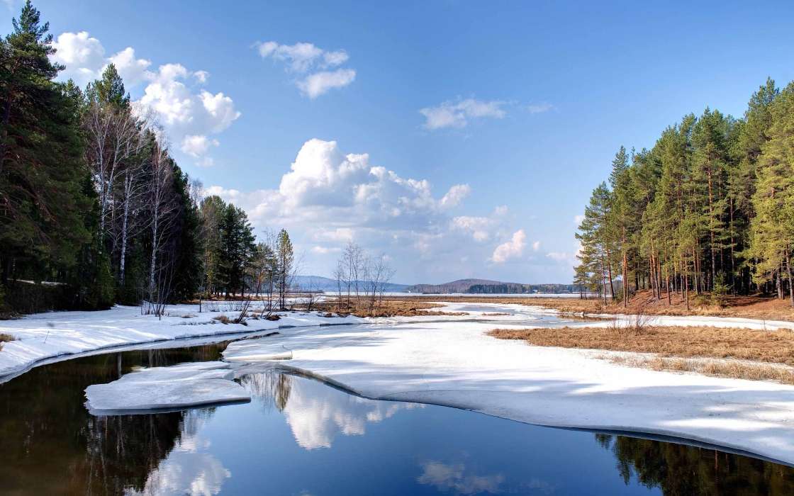Trees, ice, Sky, Clouds, Landscape, Rivers