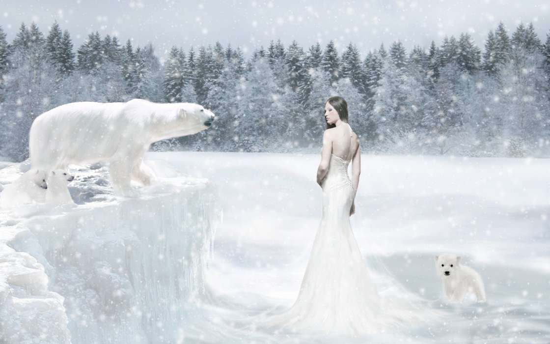 Animals, Humans, Winter, Girls, Snow, Bears