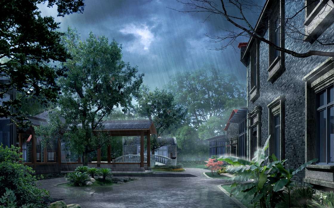 Houses, Rain, Landscape