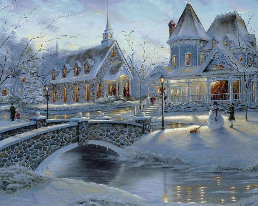 Houses, Snowman, New Year, Landscape, Holidays, Pictures, Christmas, Xmas, Snow