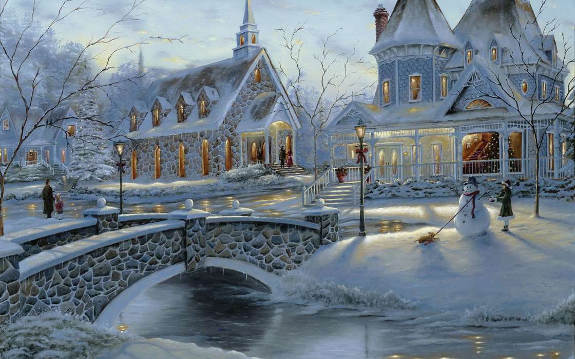 Houses, New Year, Landscape, Christmas, Xmas, Snow, Winter