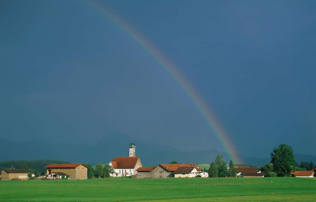 Landscape, Houses, Sky, Rainbow