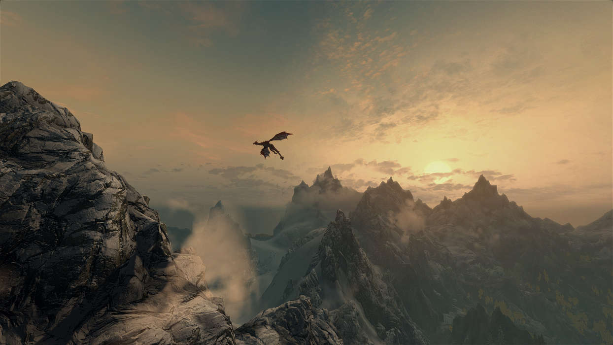 Dragons, Fantasy, Mountains, Sunset