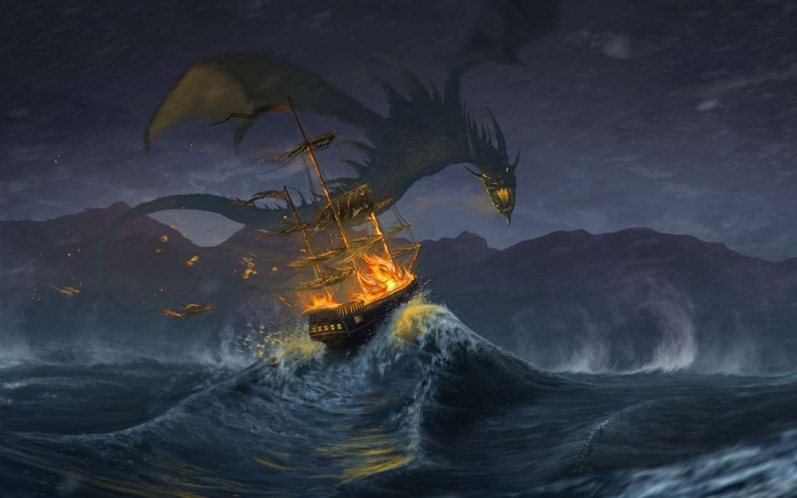 Water, Fantasy, Ships, Dragons, Fire