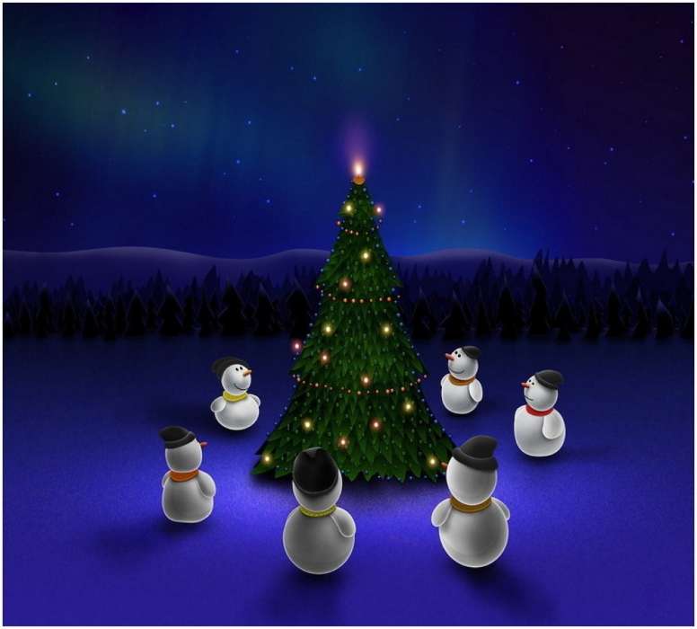 Fir-trees, Background, Snowman, New Year, Holidays