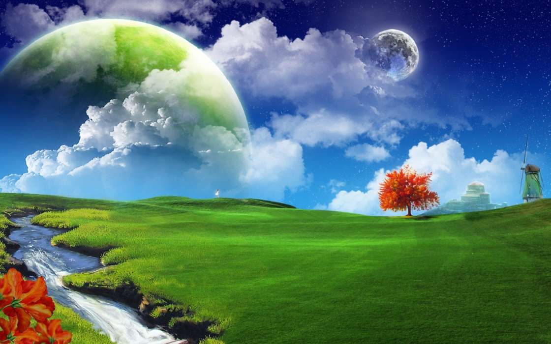 Background, Moon, Sky, Clouds, Landscape, Planets, Grass