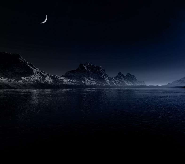 Mountains, Moon, Night, Lakes, Landscape