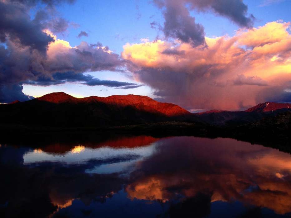 Mountains, Sky, Clouds, Landscape, Water, Sunset