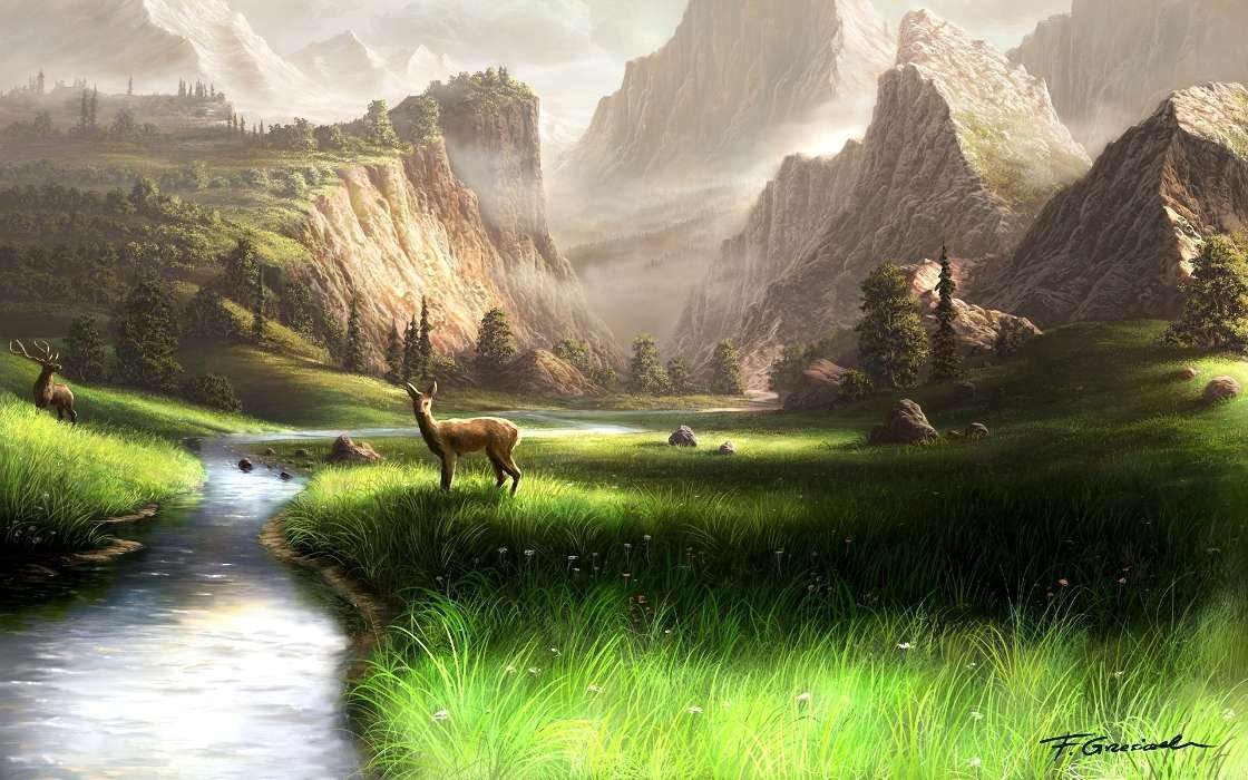 Mountains, Deers, Landscape, Rivers, Pictures, Animals