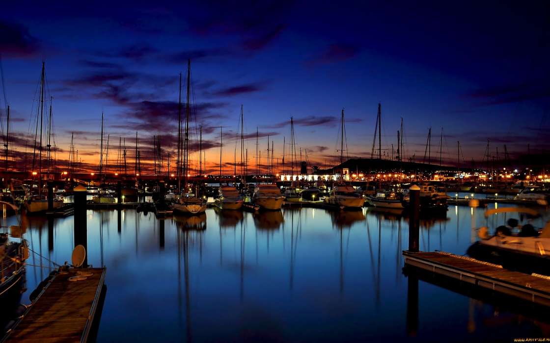 Yachts, Sea, Night, Landscape