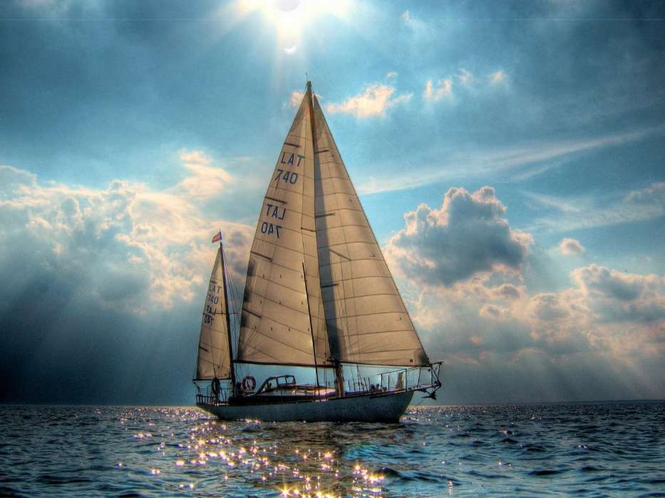 Yachts, Sea, Clouds, Landscape, Sun, Transport