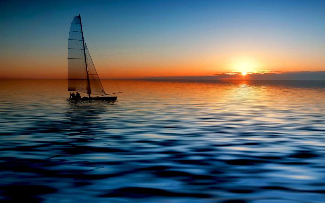 Yachts, Sea, Landscape, Transport, Sunset