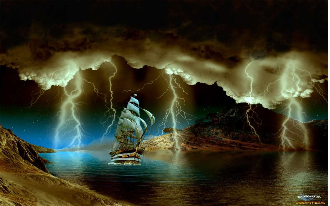Ships, Lightning, Sea, Night, Landscape, Transport