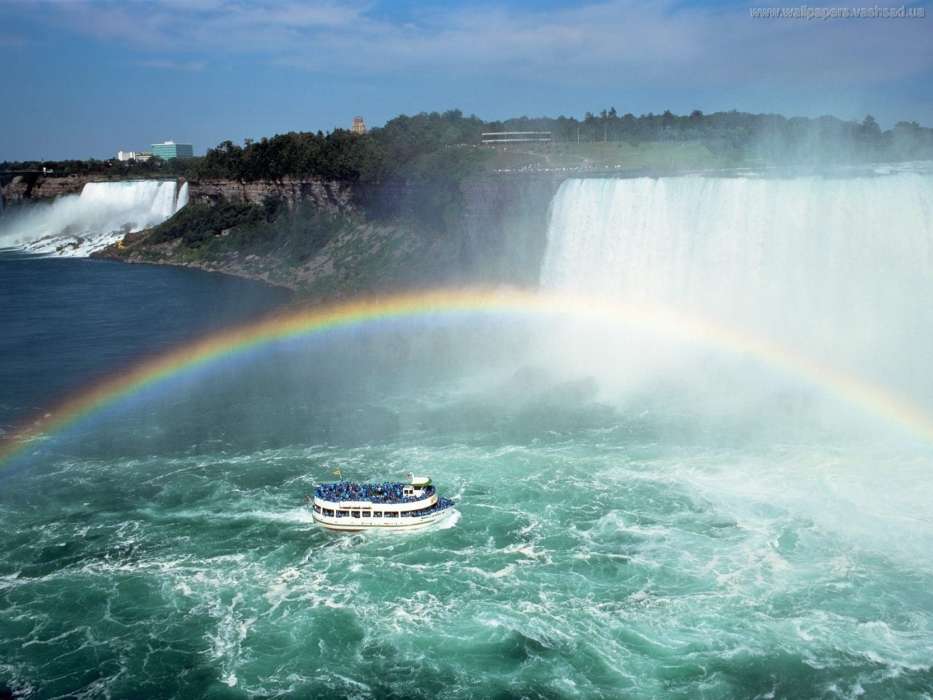 Boats, Landscape, Rainbow, Waterfalls