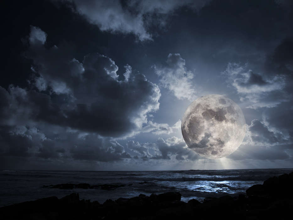 Moon, Sea, Sky, Clouds, Landscape