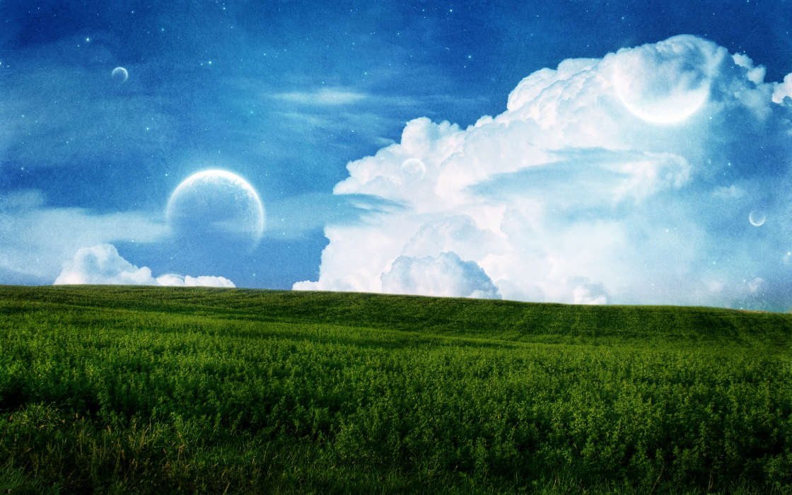 Moon, Sky, Clouds, Landscape, Planets, Fields