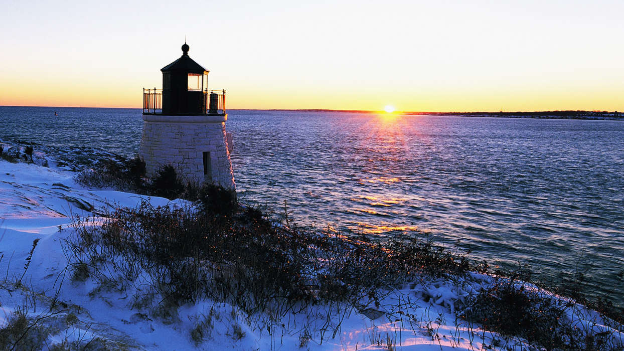 Lighthouses, Sea, Landscape, Snow, Sunset, Winter