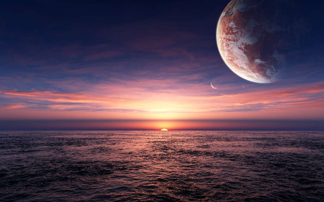 Landscape, Water, Sunset, Planets, Sea, Sun