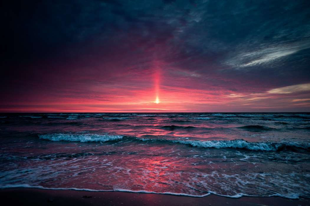 Sea, Landscape, Waves, Sunset