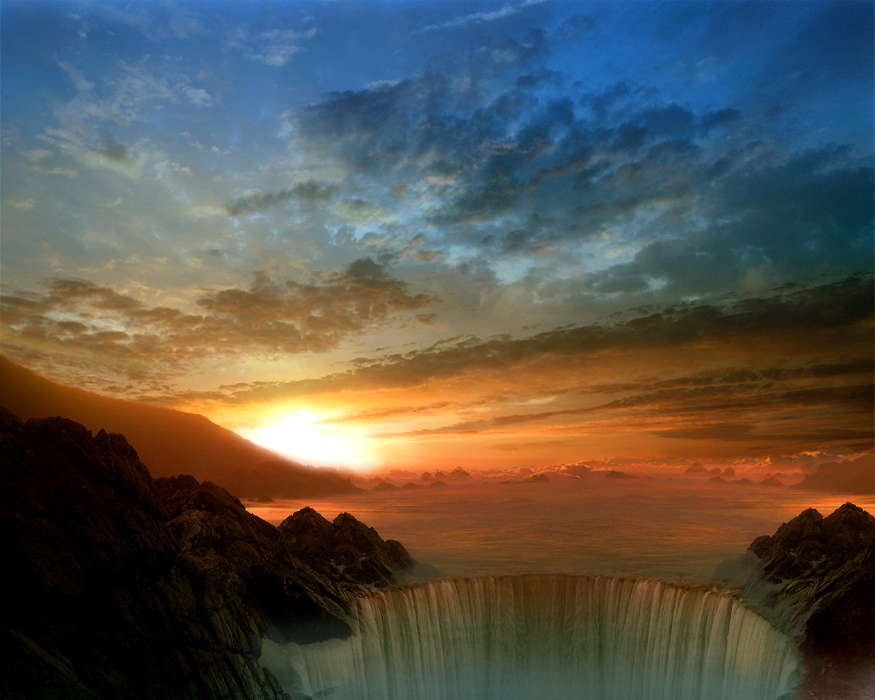 Landscape, Water, Sunset, Sky, Sun, Clouds, Waterfalls