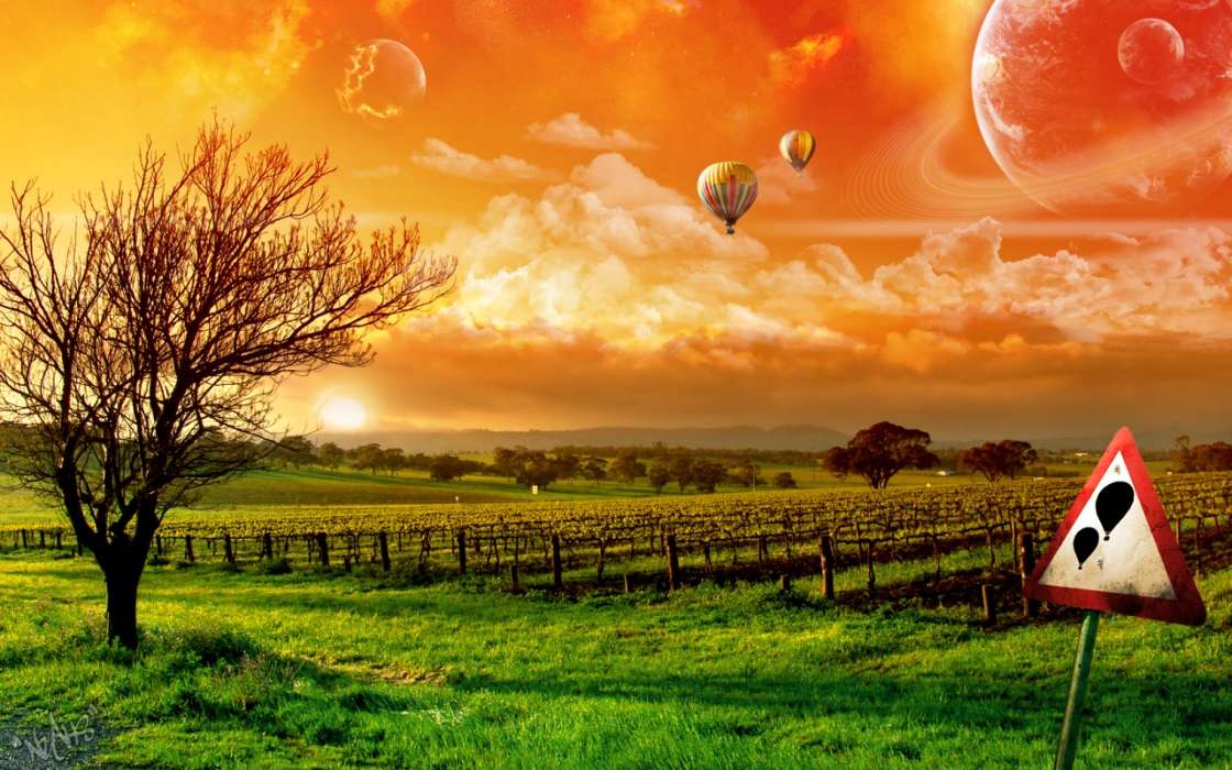 Sky, Clouds, Landscape, Grass, Grapes, Balloons, Sunset