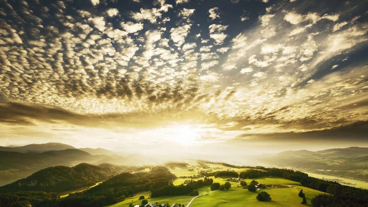 Clouds, Landscape, Fields, Sunset