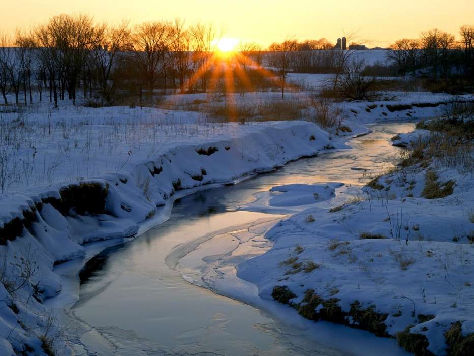 Landscape, Rivers, Snow, Sunset, Winter