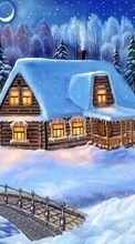 Ladda ner Landscape, Winter, Houses, Bridges, Night, Snow, Drawings bilden till mobilen.
