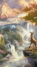 Ladda ner Trees, Deers, Landscape, Pictures, Waterfalls, Animals bilden till mobilen.