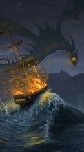 Ladda ner Water, Fantasy, Ships, Dragons, Fire bilden till mobilen.