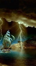 Ladda ner Ships, Lightning, Sea, Night, Landscape, Transport bilden till mobilen.