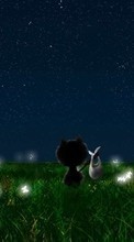Ladda ner Landscape, Cats, Grass, Night, Moon, Drawings bilden 320x480 till mobilen.