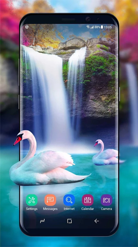 Gratis levande bakgrundsbilder Waterfall and swan på Android-mobiler och surfplattor.
