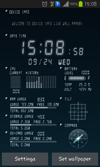 Gratis With clock live wallpaper för Android på surfplattan arbetsbordet: Device info.